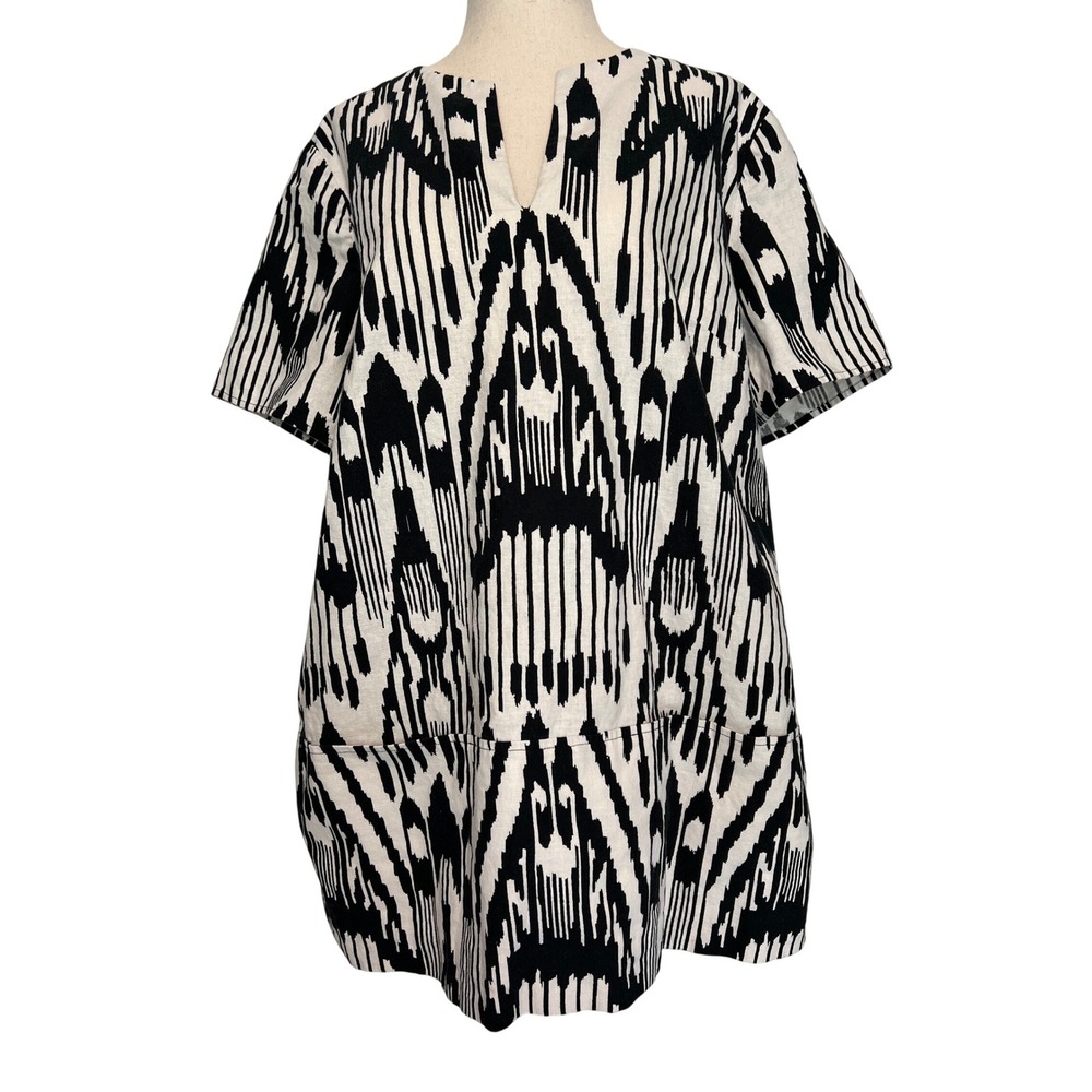 Lands End Women's 14 Tunic Top Black White Ikat Tribal Linen Blend Pockets Boho